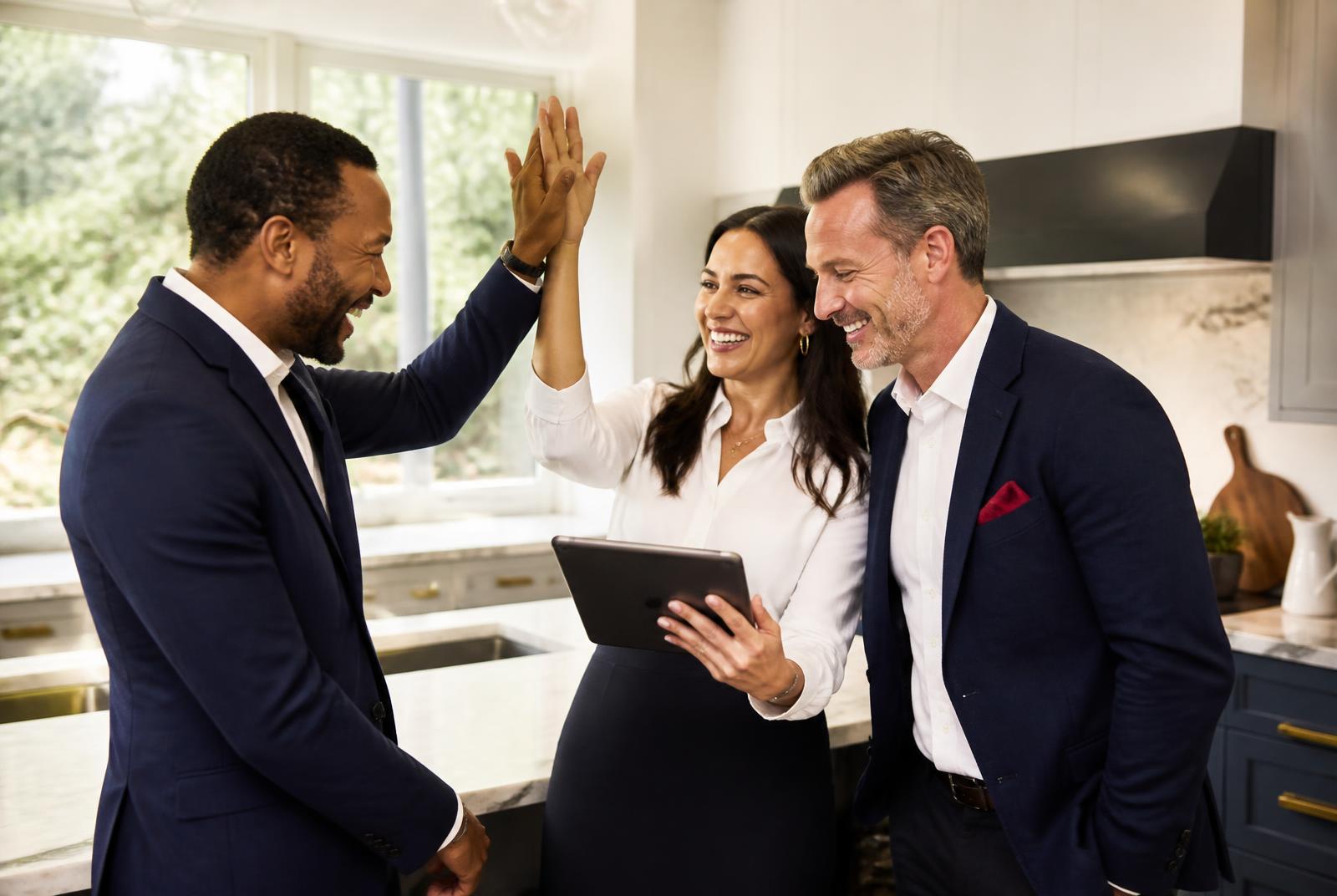 Real estate and home-service partners celebrating referral success together